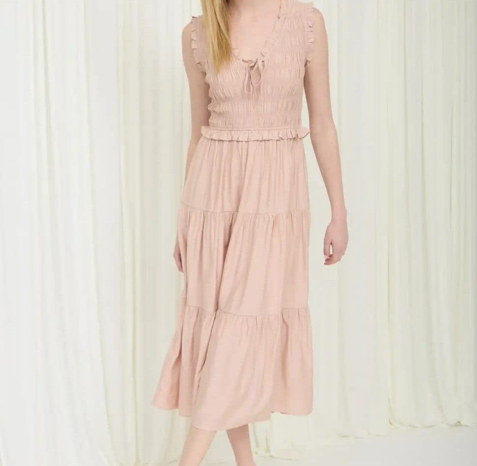 Smocked Front Tie Ruffle Detail Tiered Midi Dress