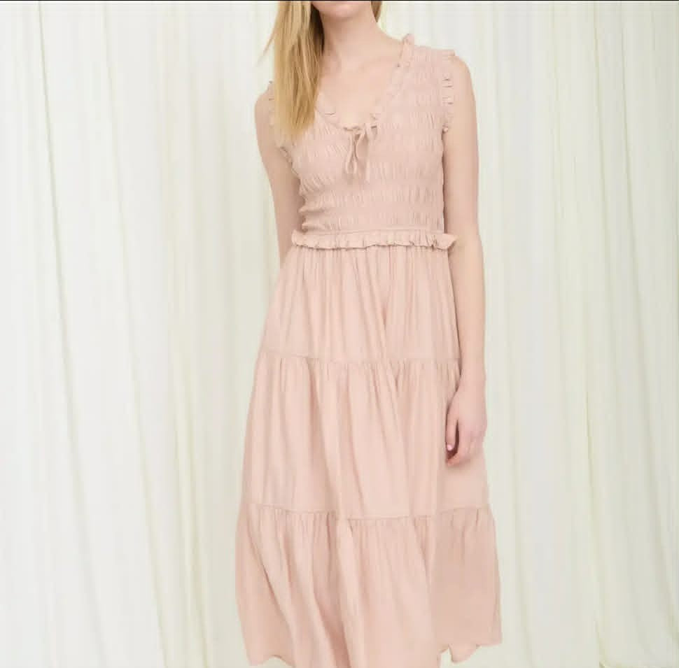 Smocked Front Tie Ruffle Detail Tiered Midi Dress
