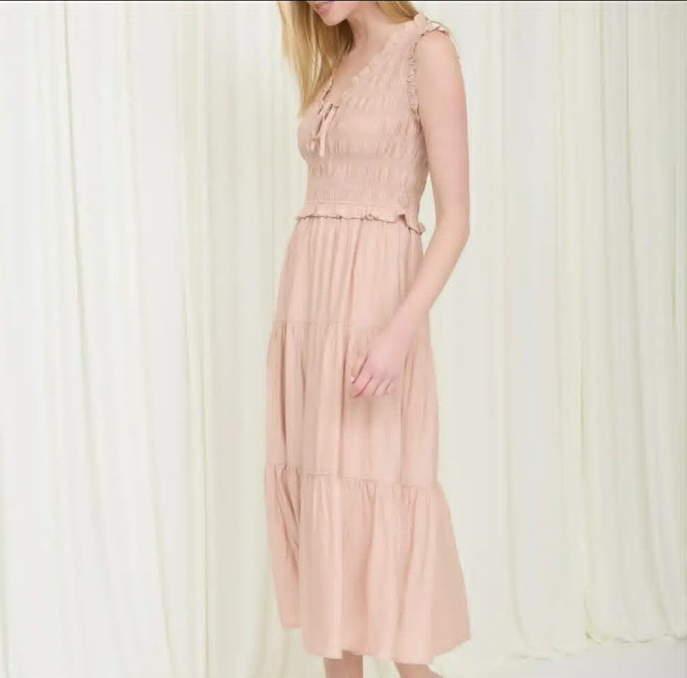 Smocked Front Tie Ruffle Detail Tiered Midi Dress