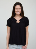 Ruffled Boat Neck Front Tie Puff Sleeve Top Black