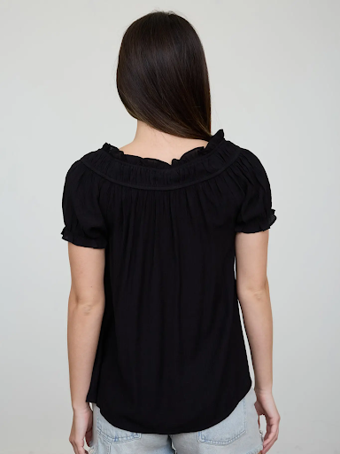 Ruffled Boat Neck Front Tie Puff Sleeve Top Black