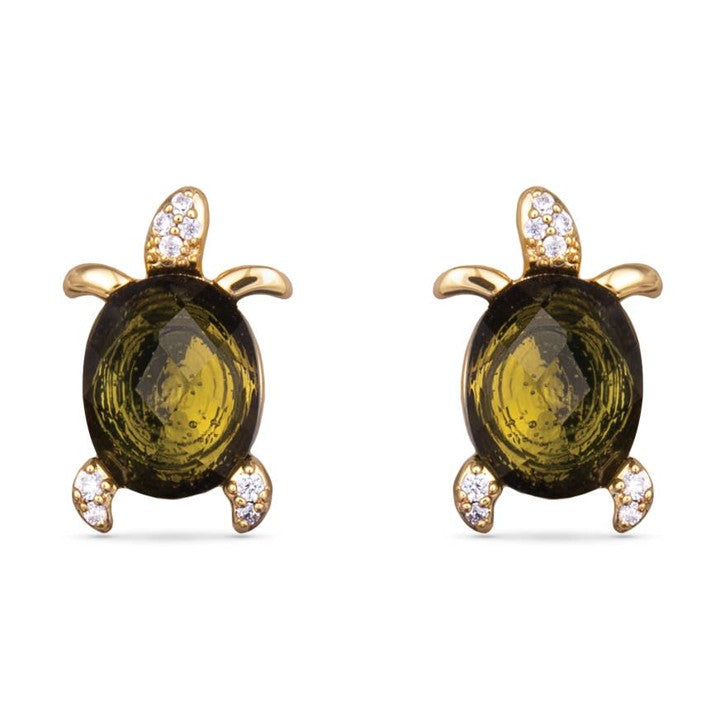 Green Cz Turtle Earrings - Gold