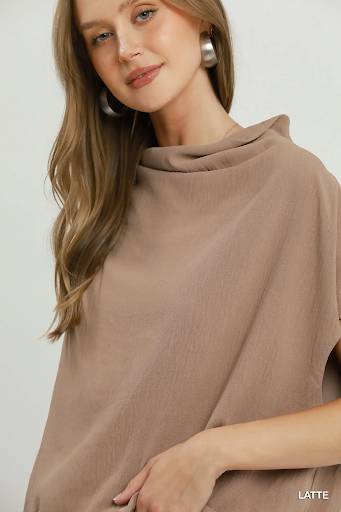Draped Mock Neck Oversized Blouse Latte