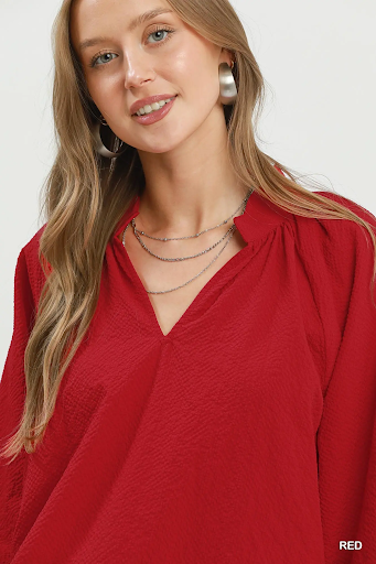 Split V Neck Top with Balloon Sleeves Red