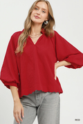 Split V Neck Top with Balloon Sleeves Red