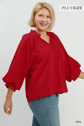 Split V Neck Top with Balloon Sleeves Red