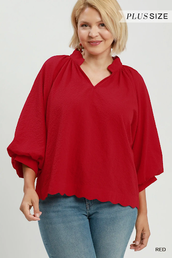 Split V Neck Top with Balloon Sleeves Red
