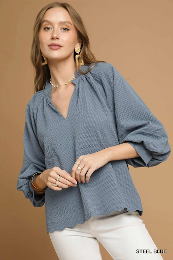 Split V Neck Top with Balloon Sleeves Red Steel Blue