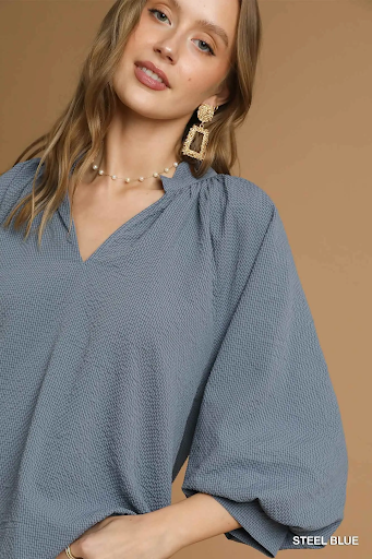 Split V Neck Top with Balloon Sleeves Red Steel Blue