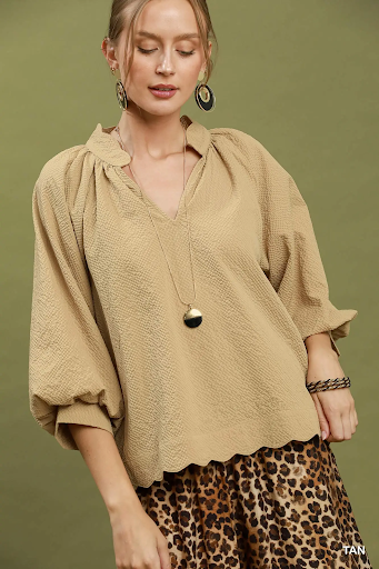 Split V Neck Top with Balloon Sleeves Tan