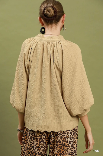 Split V Neck Top with Balloon Sleeves Tan