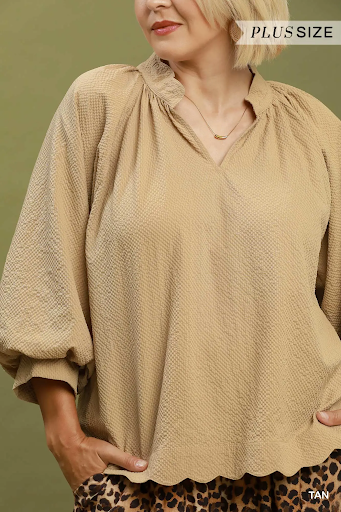 Split V Neck Top with Balloon Sleeves Tan
