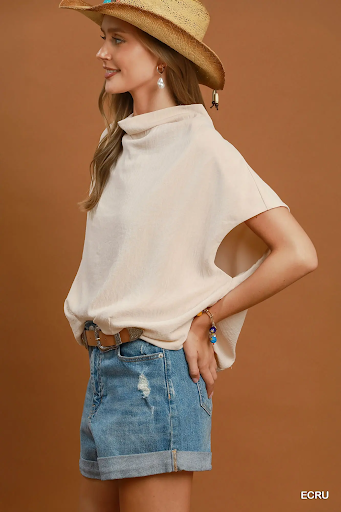 Draped Mock Neck Oversized Blouse Ecru
