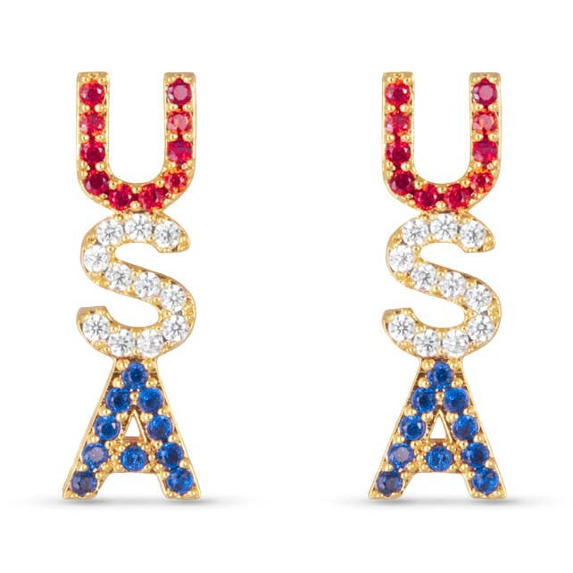 Gold Red White Blue Crystal USA Stud Earrings