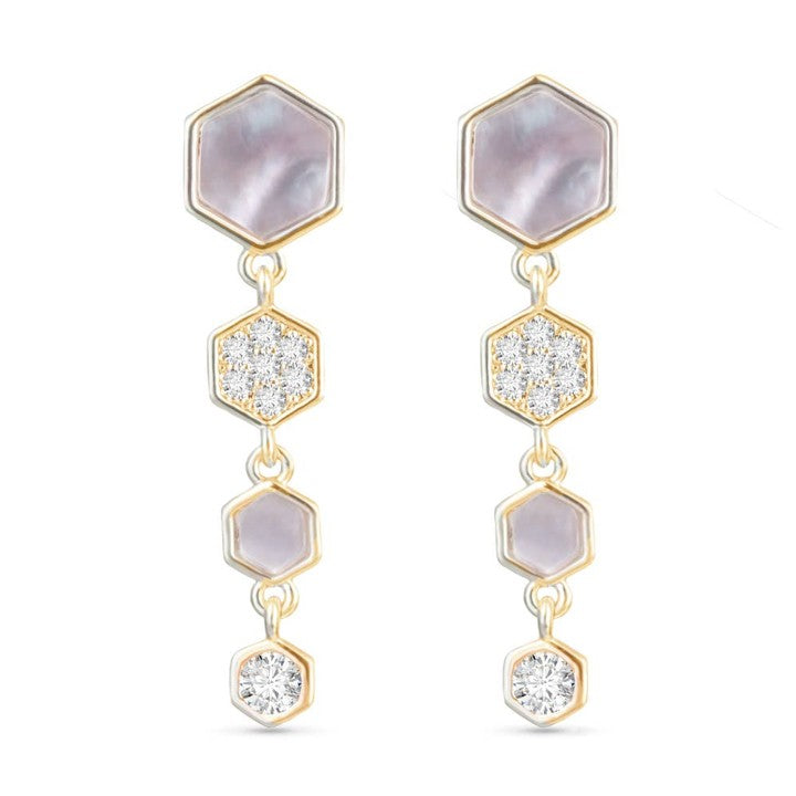 Mother of Pearl and Cz Hexagon Drop Earrings - Gold
