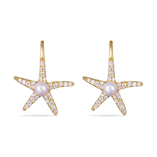 Cz and Center Pearl Starfish Earrings - Gold