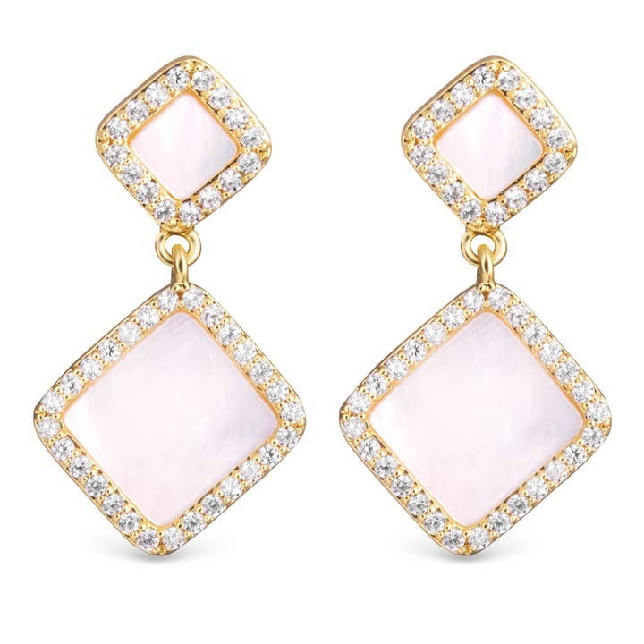 Mop and Cz Double Diamond Shaped Drop Earrings - Gold