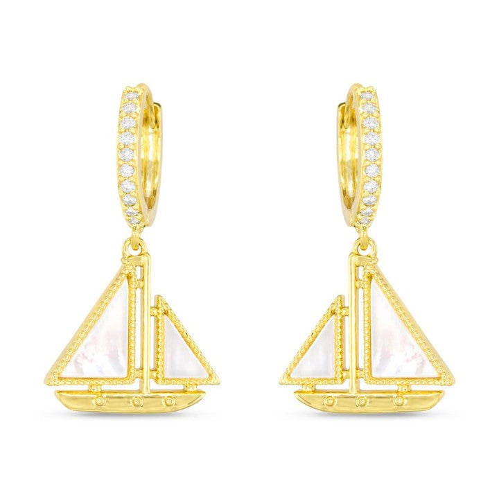 Gold Cz & Mop Sailboat Earrings