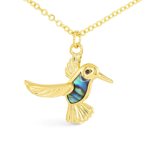 Gold Abalone Blue Hummingbird Necklace