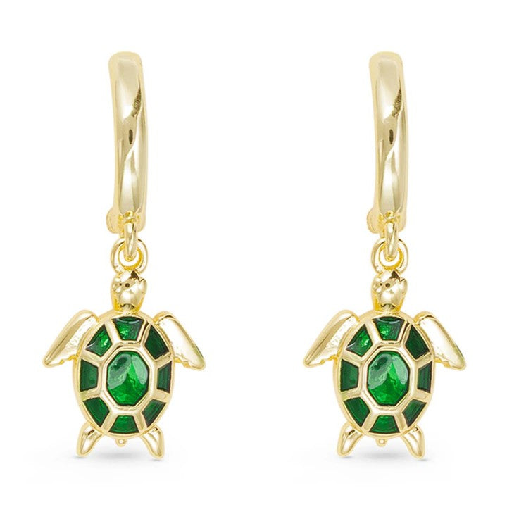 Gold Enamel Green Sea Turtle Earrings