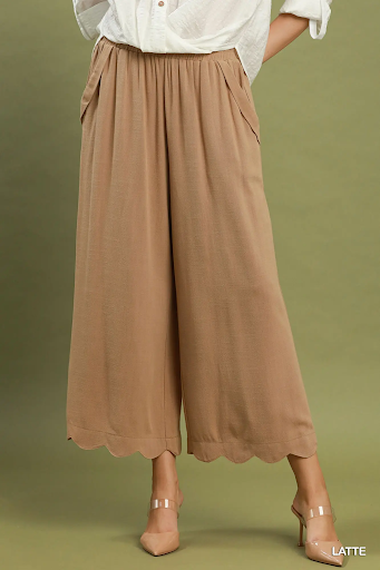 Linen Blend Scallop Hem Wide Leg Pants Latte