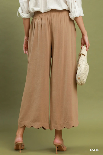 Linen Blend Scallop Hem Wide Leg Pants Latte