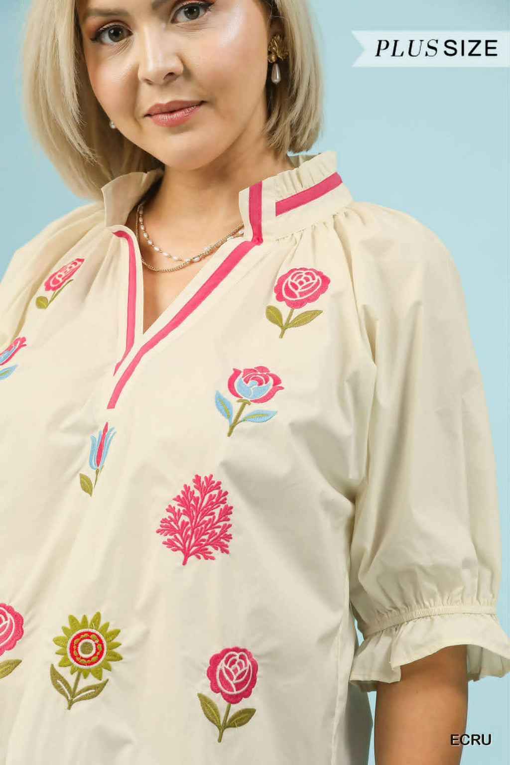 UMGEE Embroidered Floral Top Plus Size Exclusive Fabric