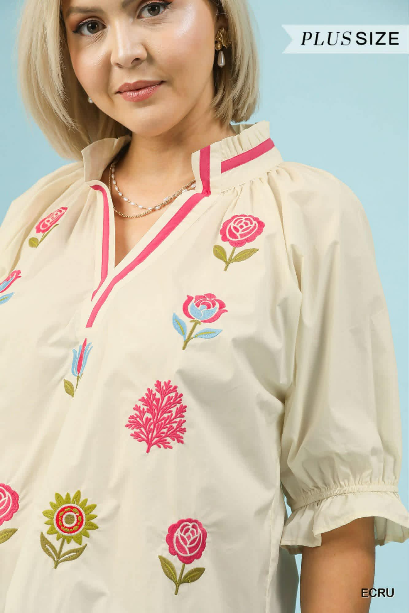UMGEE Embroidered Floral Top Plus Size Exclusive Fabric