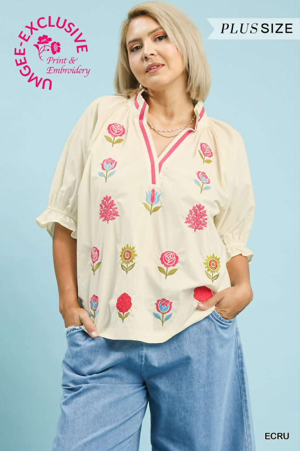 UMGEE Embroidered Floral Top Plus Size Exclusive Fabric