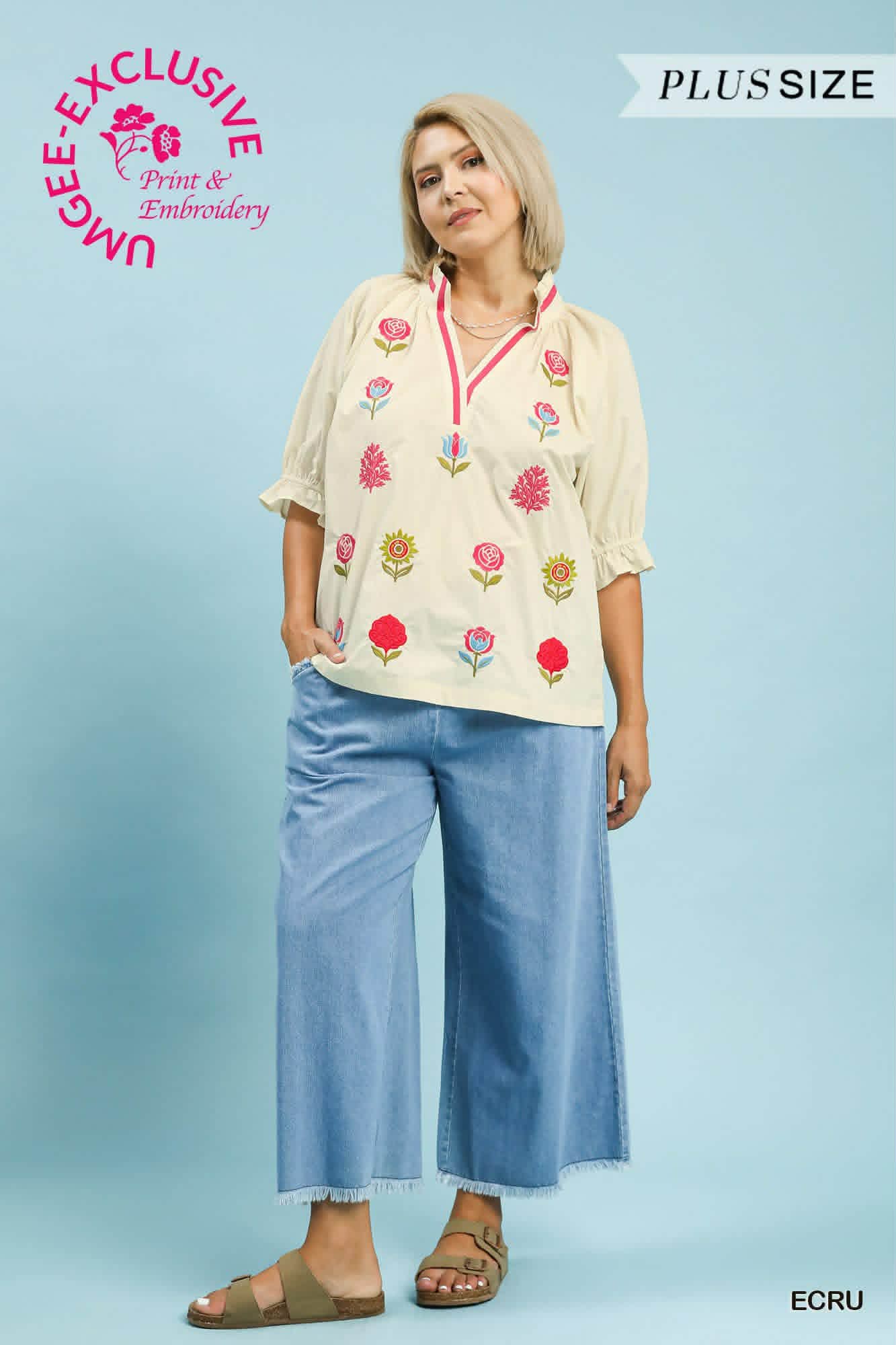 UMGEE Embroidered Floral Top Plus Size Exclusive Fabric