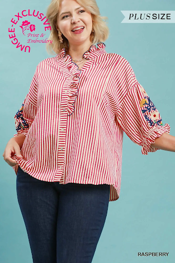 Embroidered Ruffle Trim Stripe Blouse