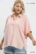 Linen Frayed Edge Split Neck Short Sleeve Top