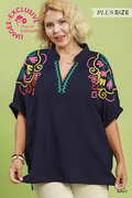 Multicolor Embroidered Split Neck Top Navy