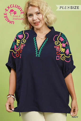 Multicolor Embroidered Split Neck Top Navy