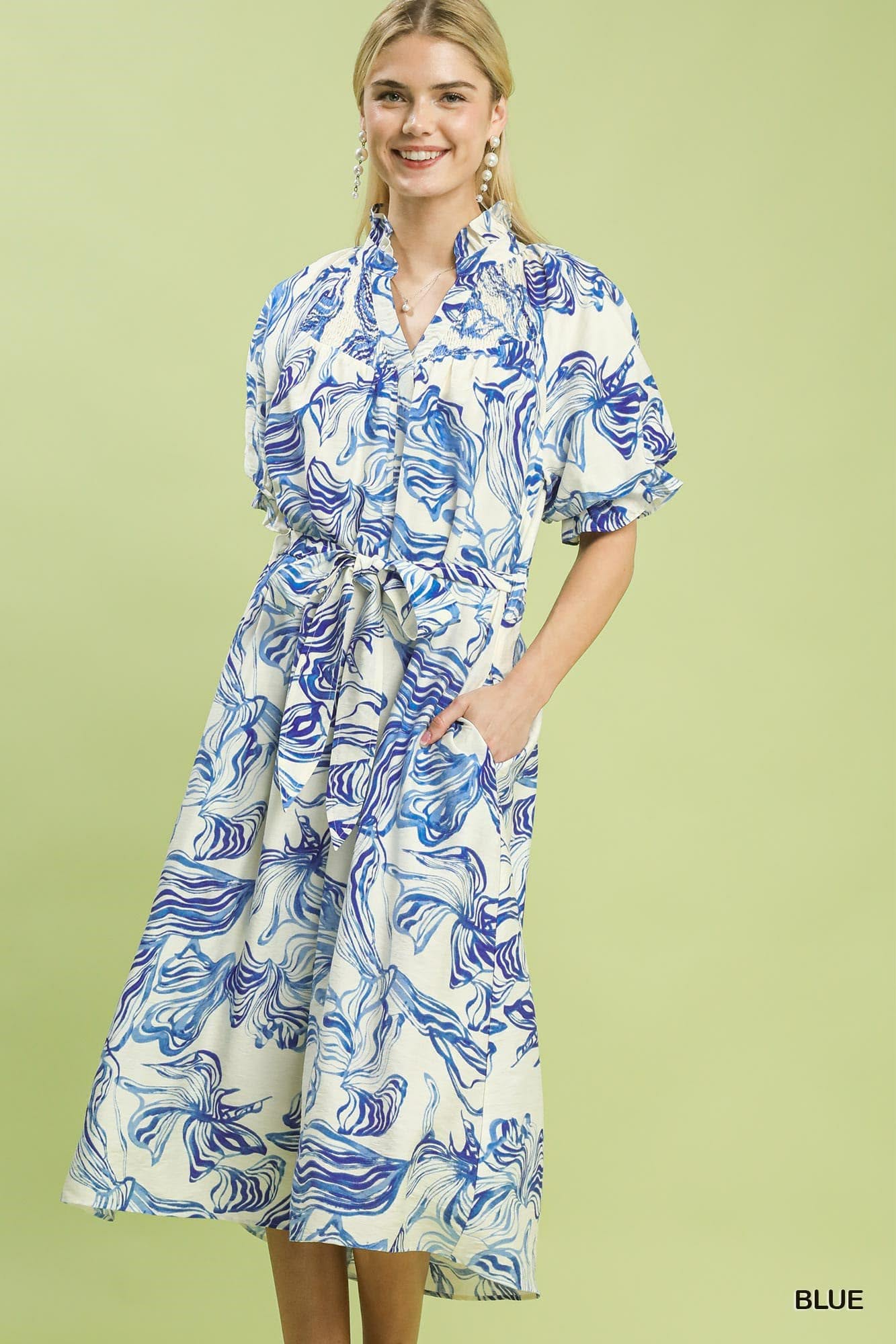 Abstract Print Smocked Tie Waist Midi Dress Blue