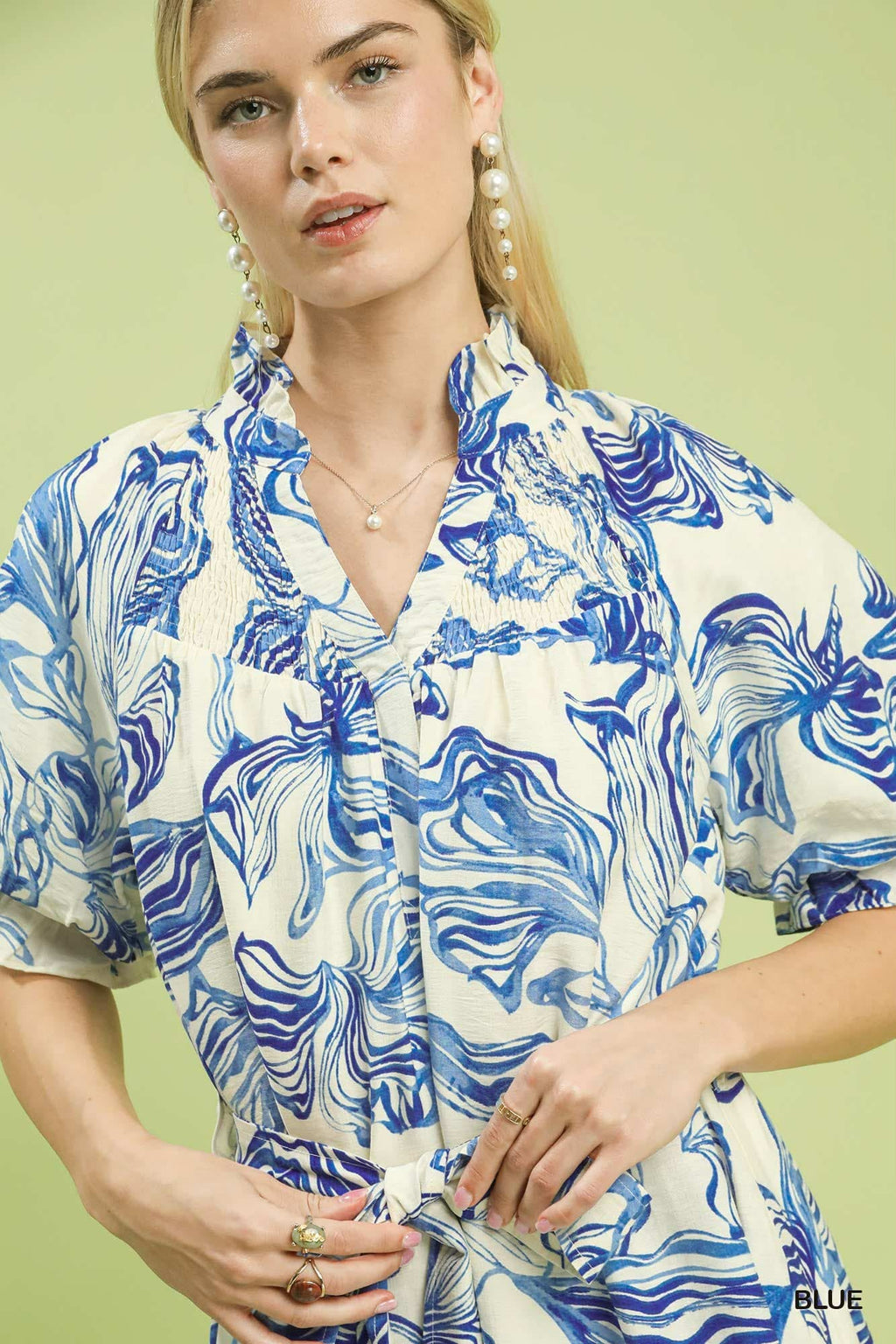Abstract Print Smocked Tie Waist Midi Dress Blue