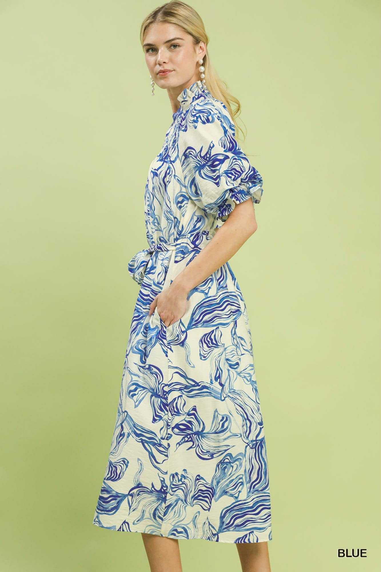 Abstract Print Smocked Tie Waist Midi Dress Blue