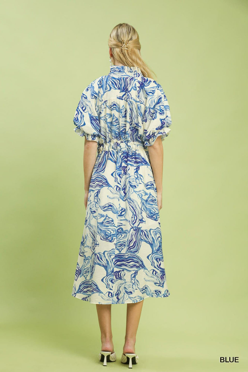 Abstract Print Smocked Tie Waist Midi Dress Blue