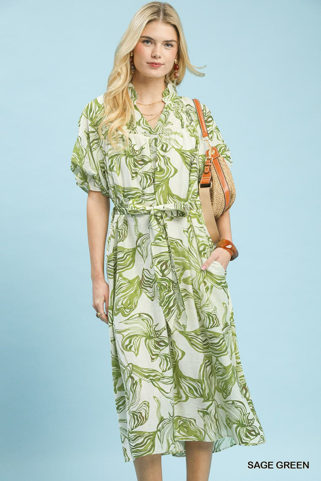 Abstract Print Smocked Tie Waist Midi Dress Sage Green