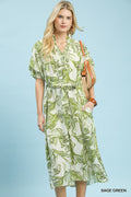 Abstract Print Smocked Tie Waist Midi Dress Sage Green