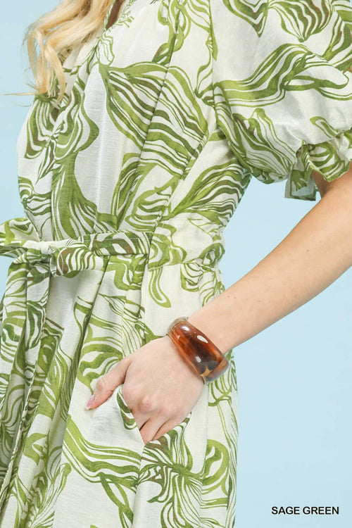 Abstract Print Smocked Tie Waist Midi Dress Sage Green