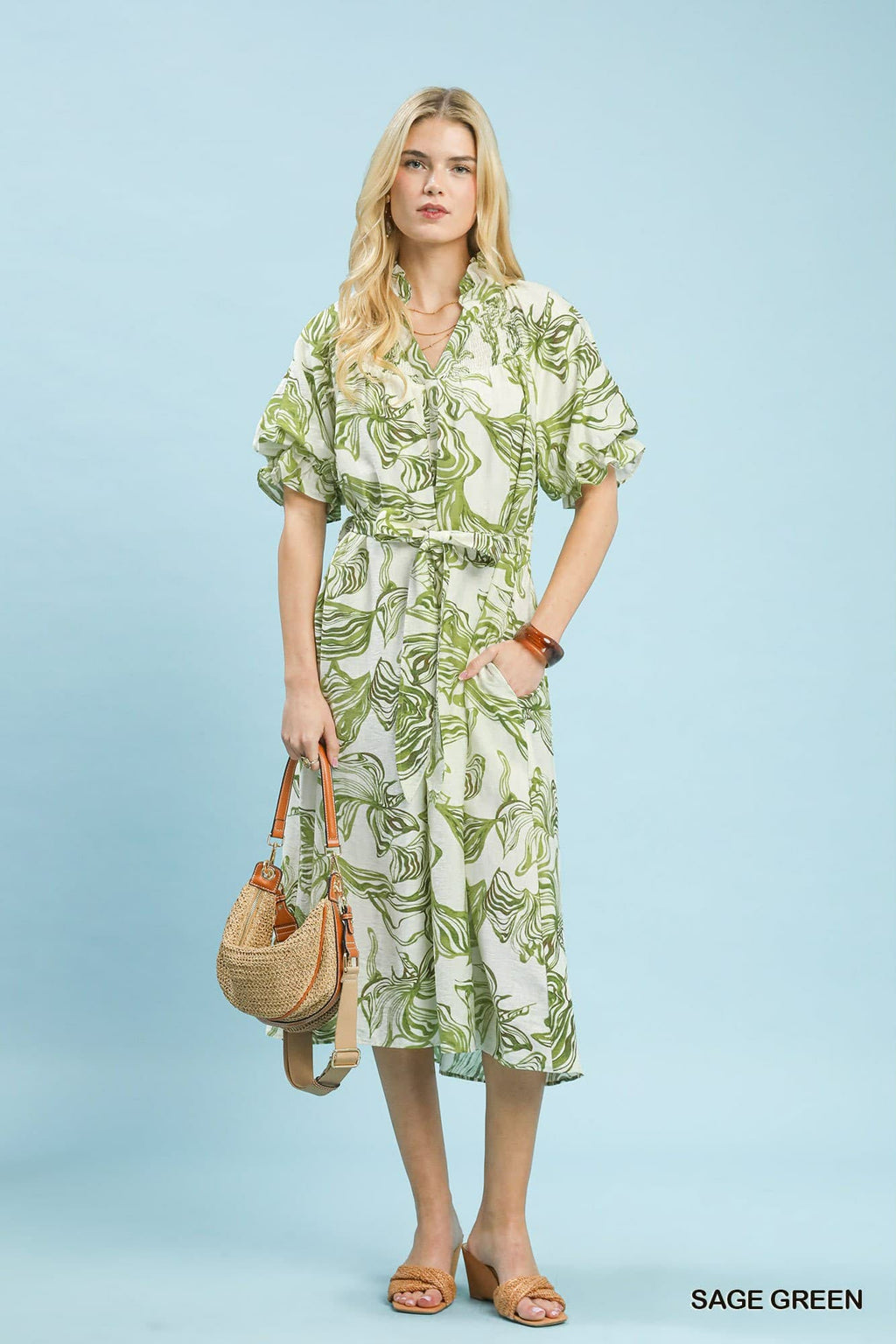 Abstract Print Smocked Tie Waist Midi Dress Sage Green