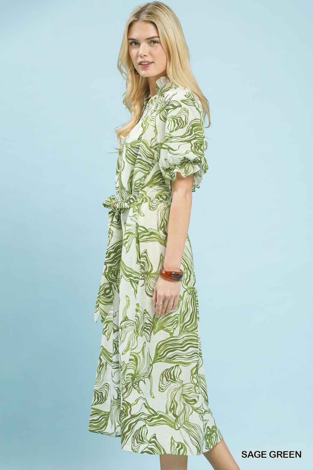 Abstract Print Smocked Tie Waist Midi Dress Sage Green