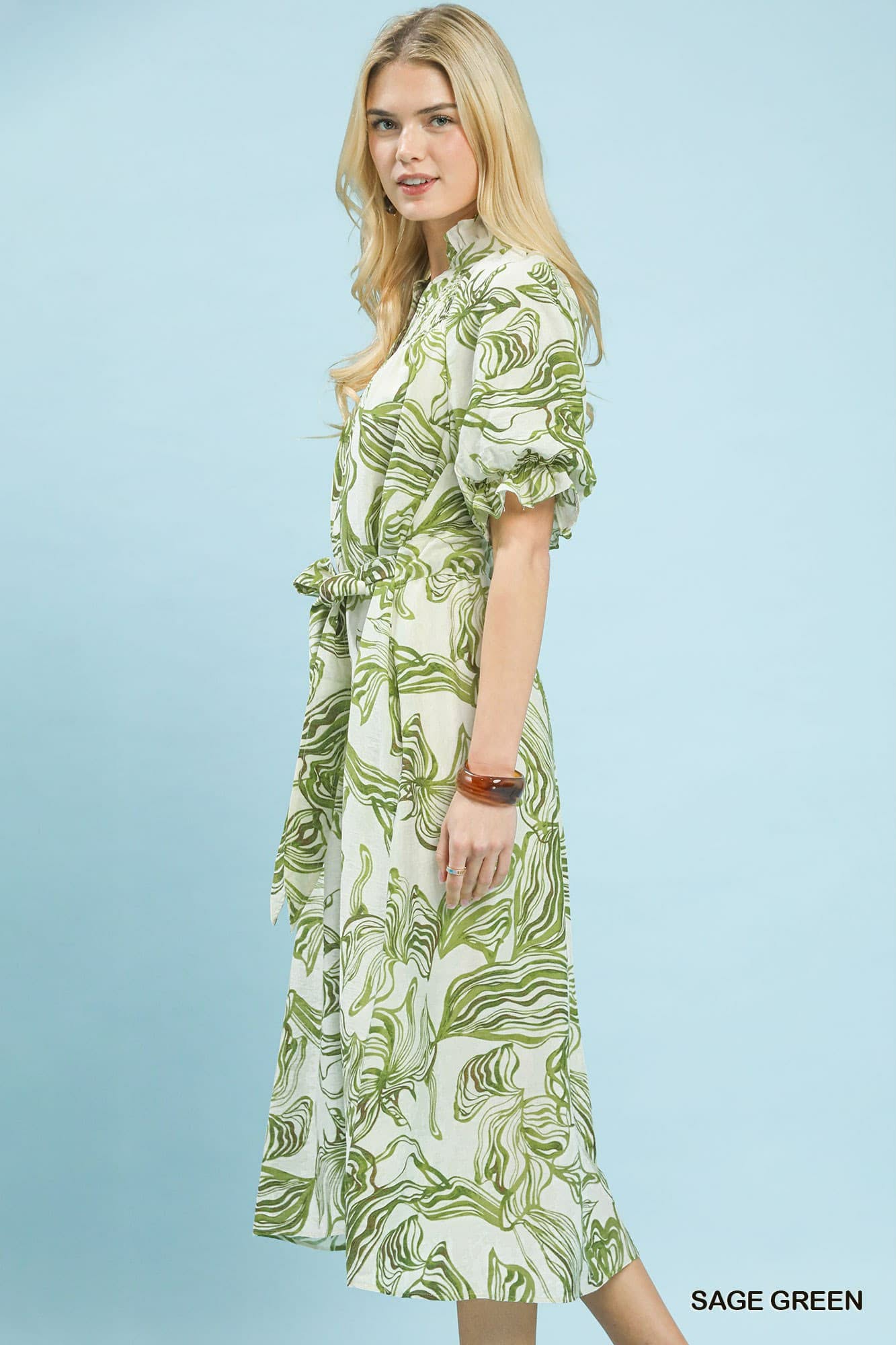 Abstract Print Smocked Tie Waist Midi Dress Sage Green