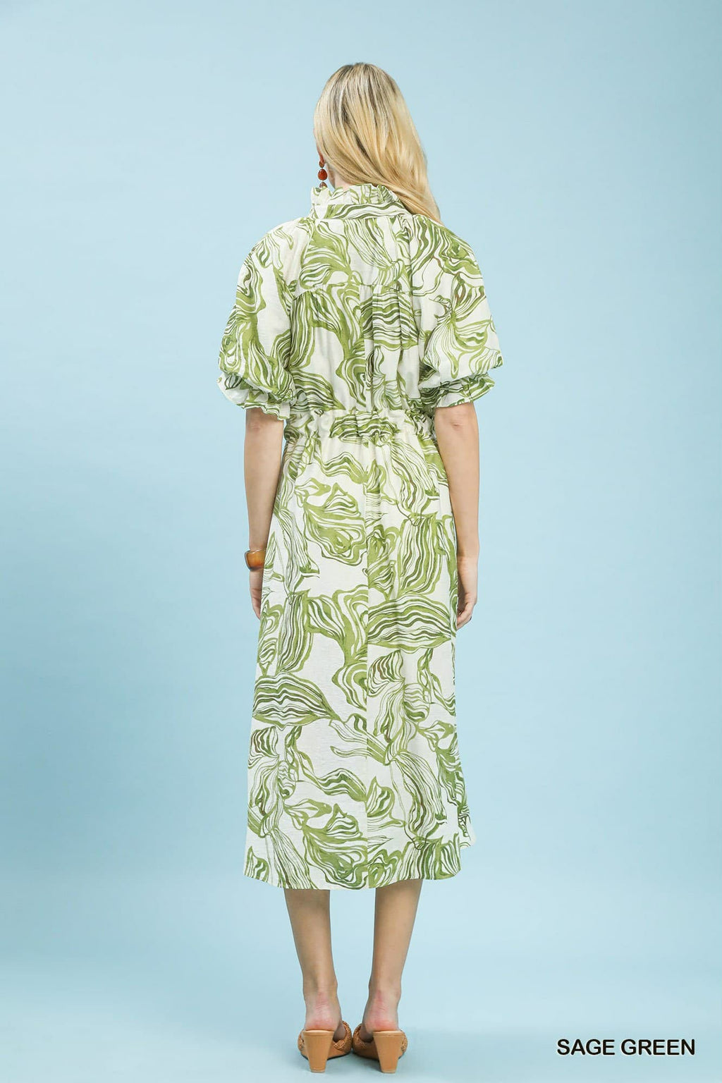 Abstract Print Smocked Tie Waist Midi Dress Sage Green