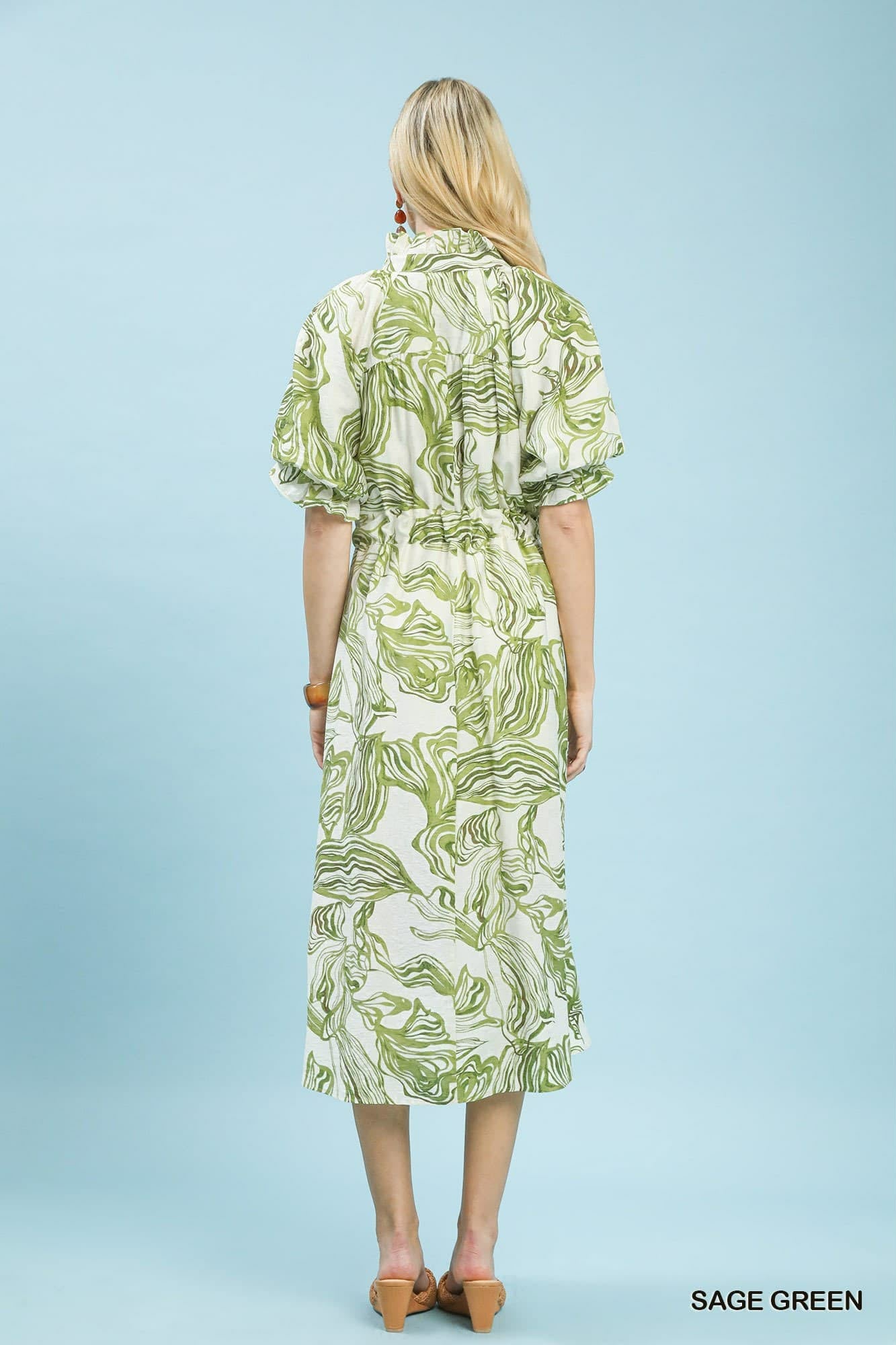Abstract Print Smocked Tie Waist Midi Dress Sage Green
