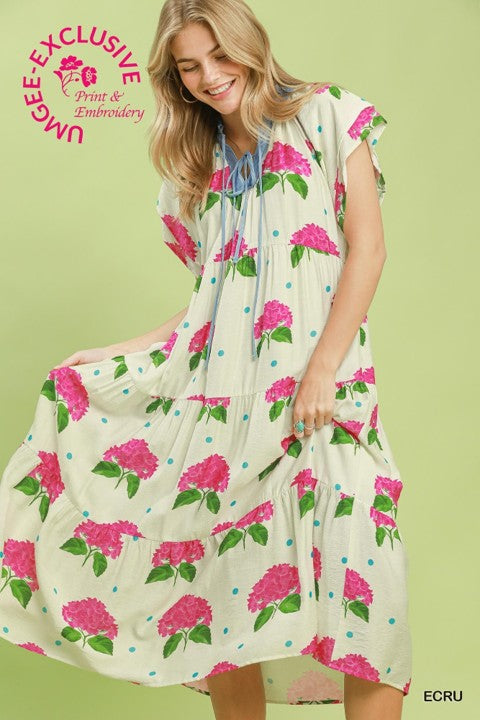 UMGEE Hydrangea Print Tiered Midi Dress