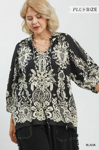 UMGEE Plus SIze Boho Border Print Tie Neck Blouse