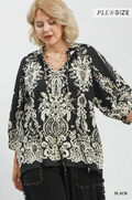 UMGEE Plus SIze Boho Border Print Tie Neck Blouse