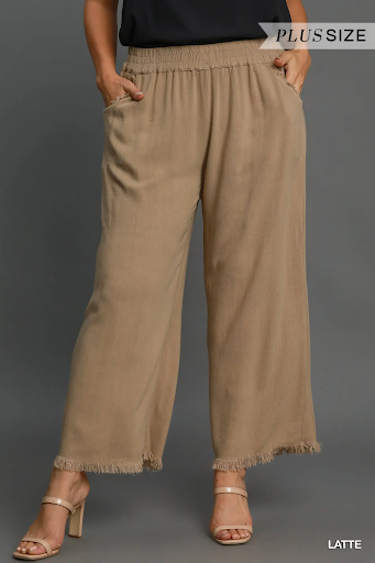 Frayed Hem Wide-Leg Pants Latte